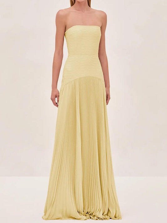 Women’s Strapless Maxi Dress with Pleated Skirt and Bandage Bodice