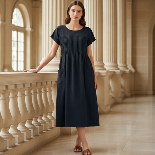 Women’s Pleated Midi Dress with Side Pockets and Relaxed Casual Shift Silhouette
