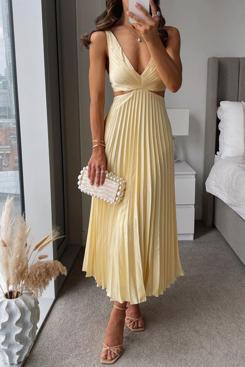 Women’s Pleated Maxi Dress V-Neck Cut-Out Waist Wedding Guest Gown