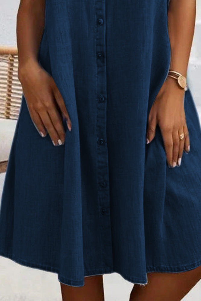 Women's Denim Shirt Dress Short Sleeve Button Down Collared Mini