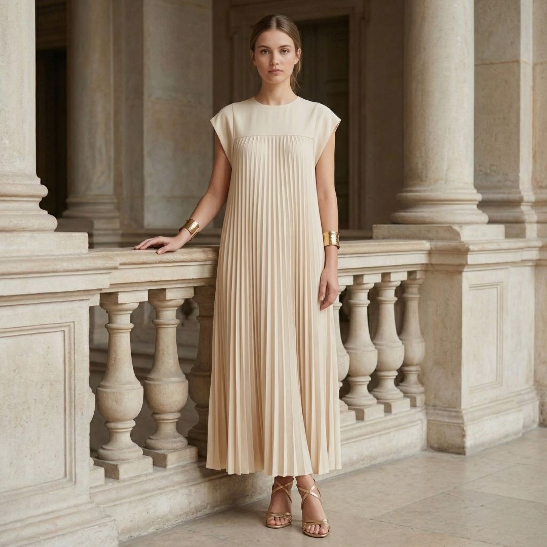 Women's Pleated Maxi Dress with Extended Cap Sleeves and Relaxed Empire Waist