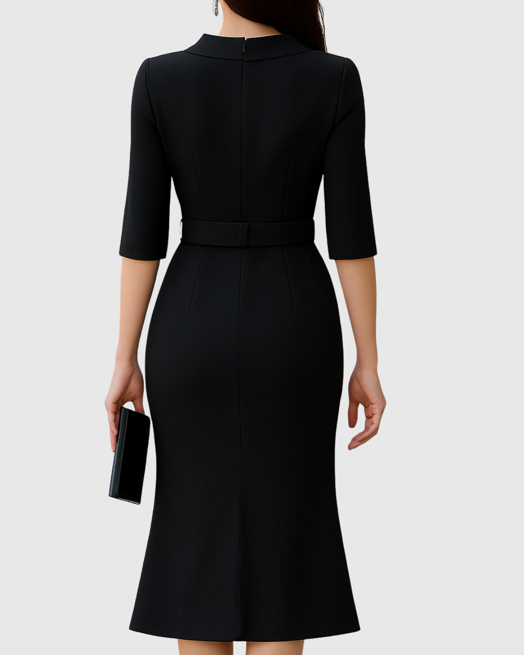 Women’s Midi Sheath Dress with Mock Neck and Split Cuff Sleeves