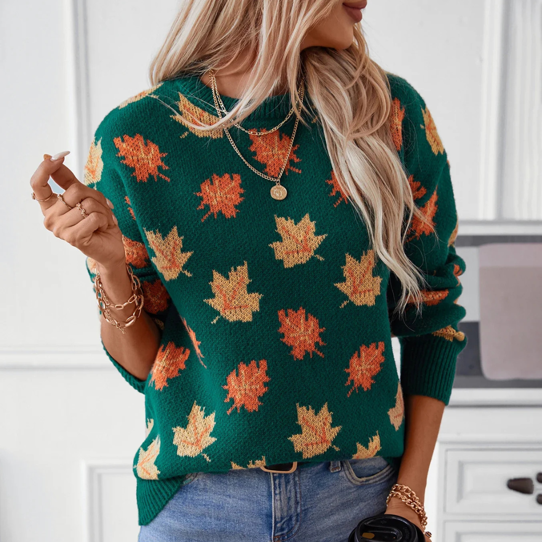 Ceylan Women's Knit Sweater Autumn Leaf Pattern