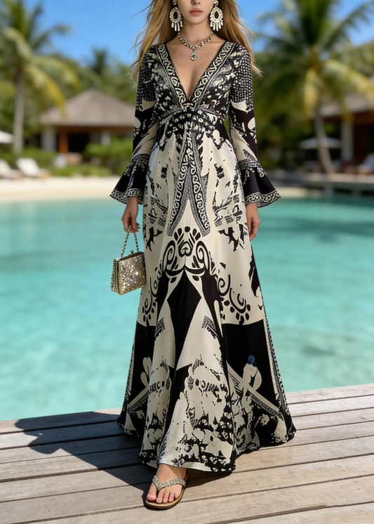 Women’s Maxi Dress with Vintage Manor Floral Print and Elegant V-Neckline