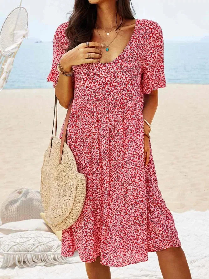 Women’s Floral V-Neck Smock Dress with Short Sleeves