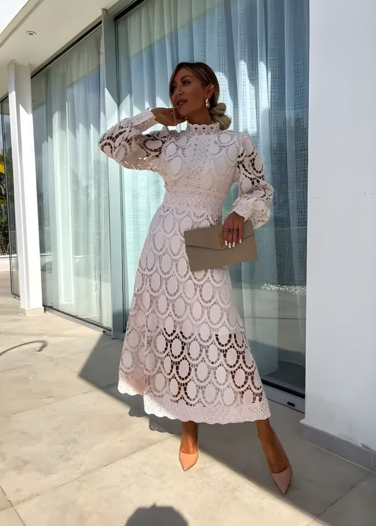 Women's Guilted Lace Maxi Dress with High Neck and Puff Long Sleeves