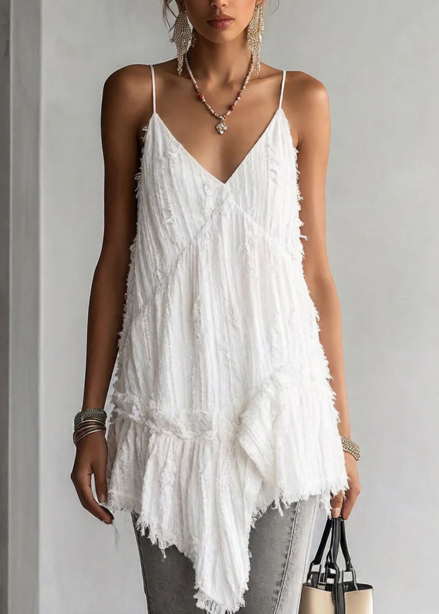 Women's Spaghetti Strap Tank Top with Asymmetrical Ruffled Hem and Cotton Fabric