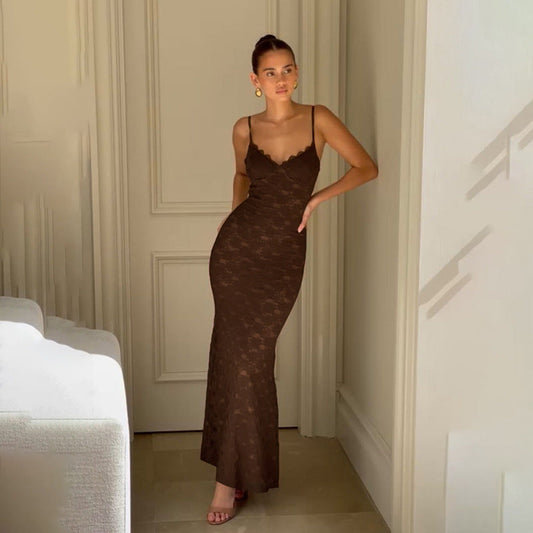 Women’s Lace Slip Maxi Dress with Floral Scalloped Neckline Trim