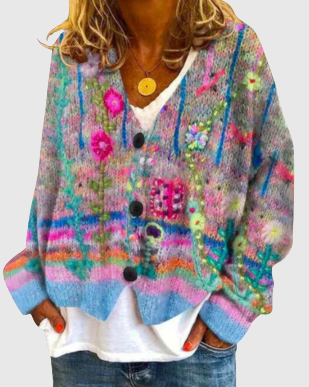 Ceylan Women's Floral Embroidered Chunky Knit Cardigan