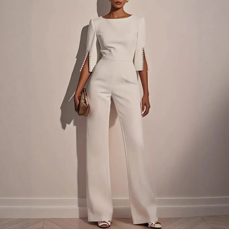Women’s Tailored Wide Leg Jumpsuit with Pearl Embellished Split Sleeves