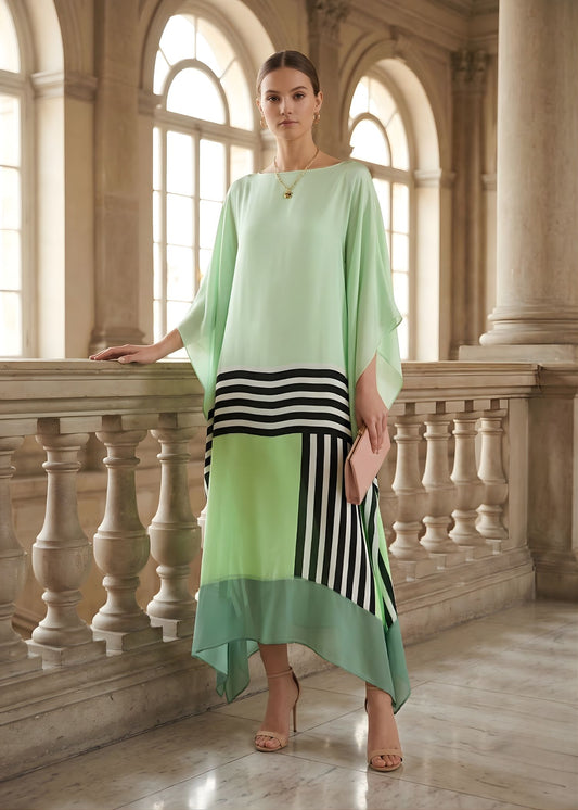 Women's Silk Kaftan Midi Dress with Asymmetric Hem and Contrast Stripe Detail