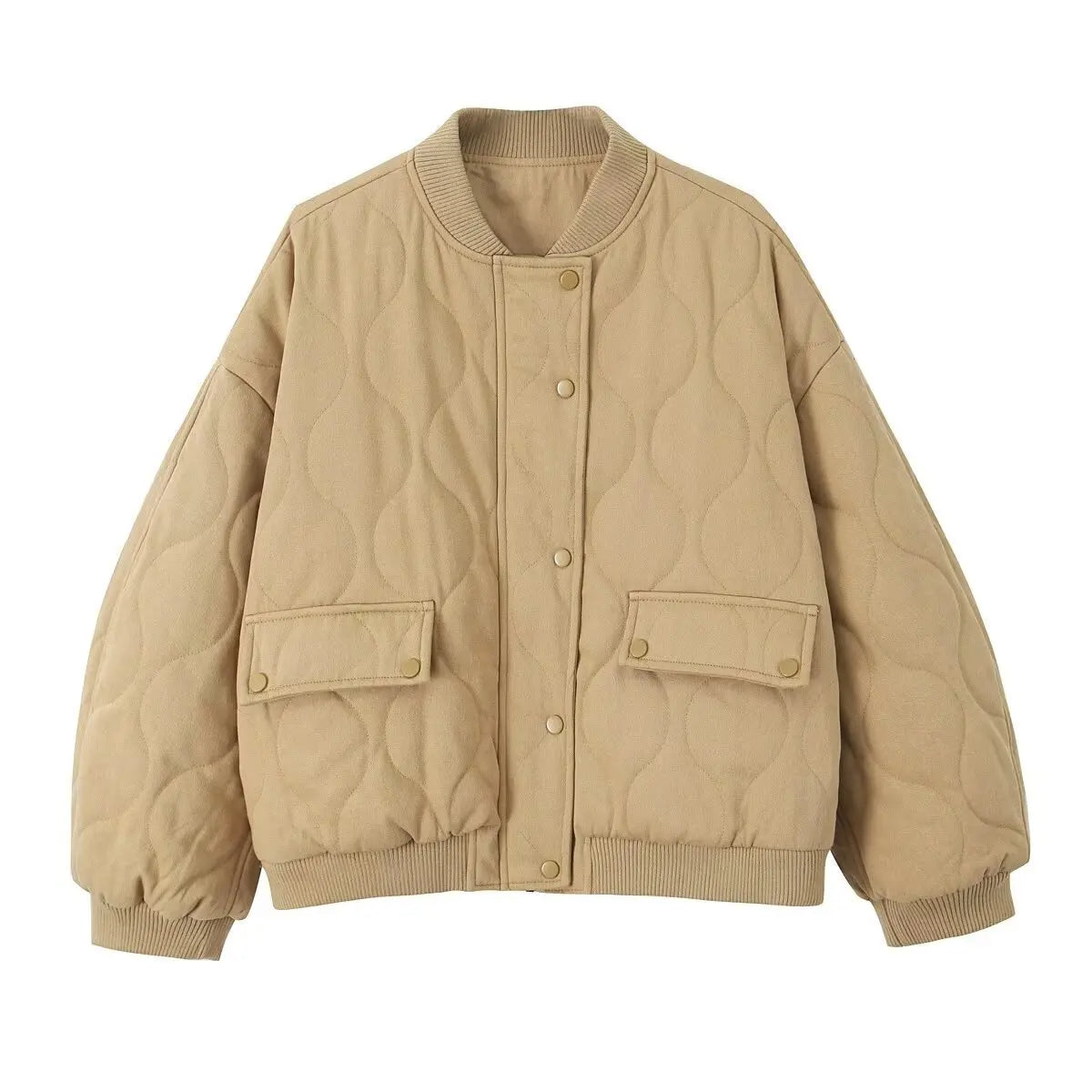 Women's Oversized Quilted Bomber Jacket with Ribbed Collar