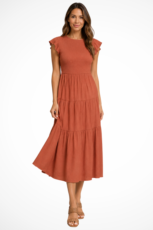 Tabitha | Women Flutter Sleeve Shirred Tiered Summer Midi Dress
