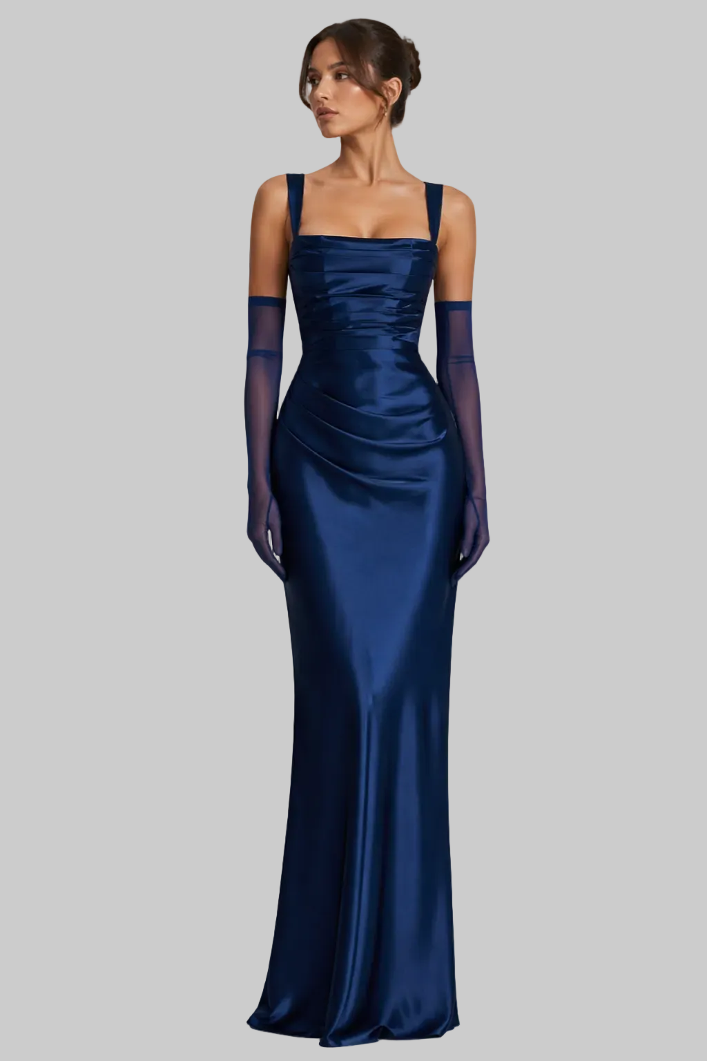 Women’s Maxi Dress with Attached Chiffon Neck Scarf and Ruched Satin Bodice