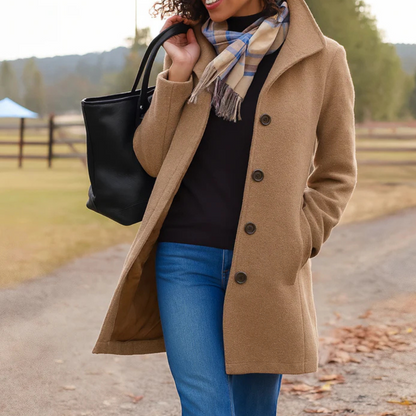 Women's Long Button-Front Winter Coat with Notch Collar