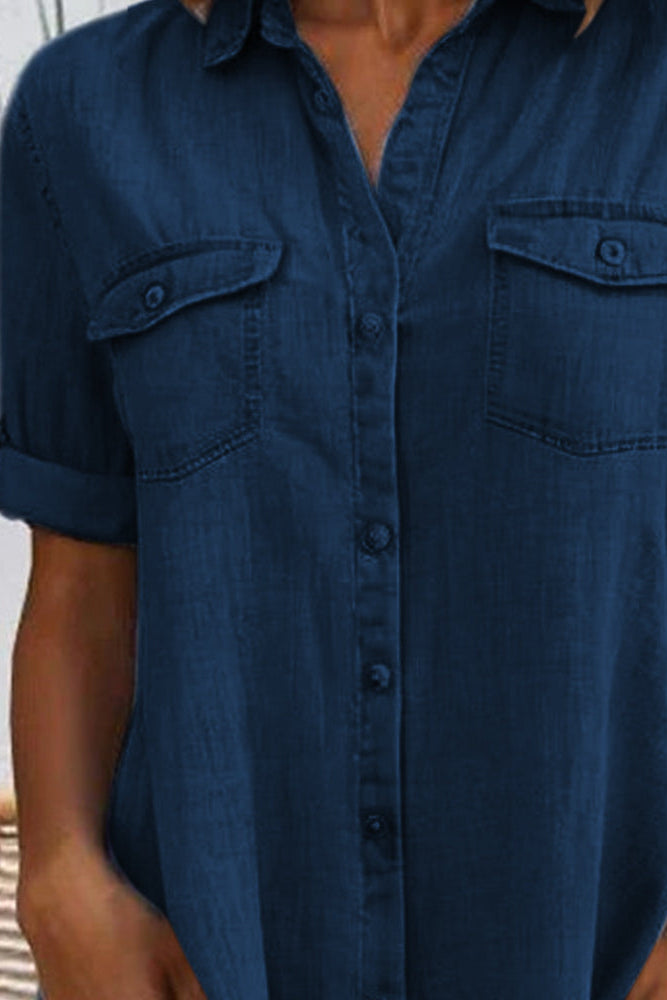 Women's Denim Shirt Dress Short Sleeve Button Down Collared Mini