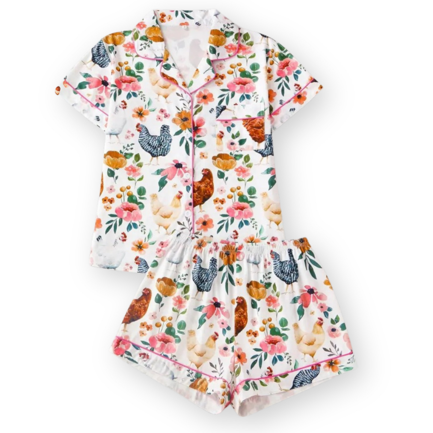 Ceylan Women's Pajama Set: Whimsical Floral Chicken Print