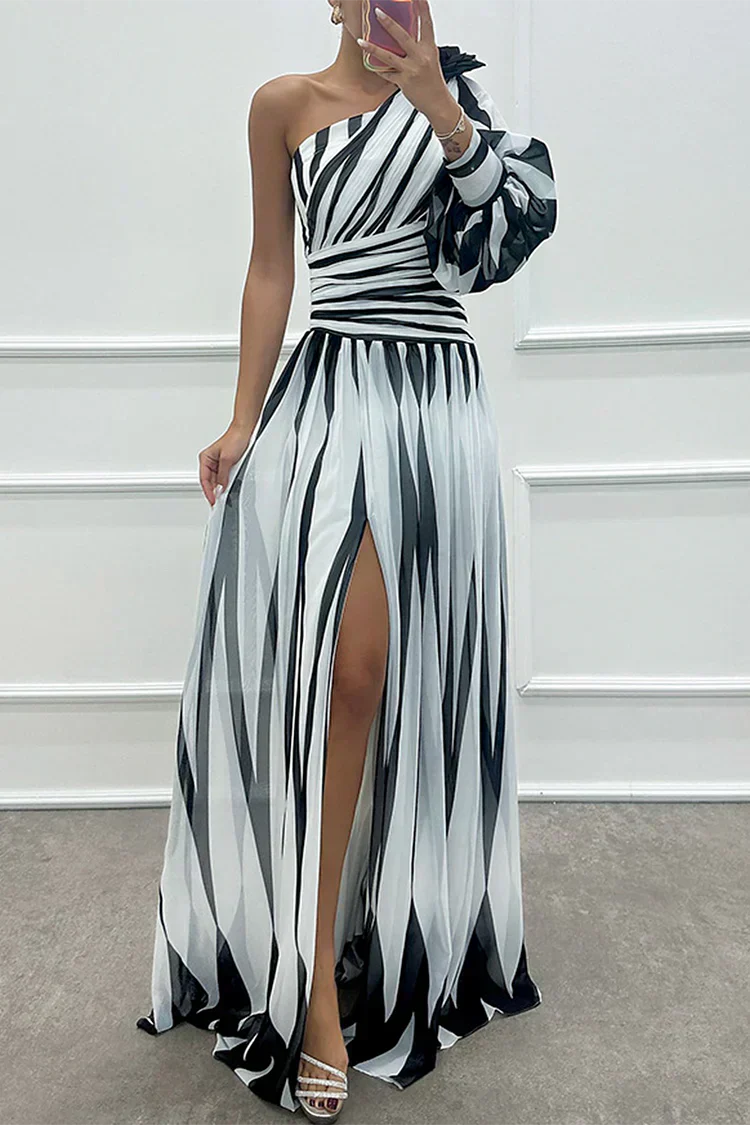 Women’s Maxi Dress with One-Shoulder Bodice and Asymmetric Diamond Pattern