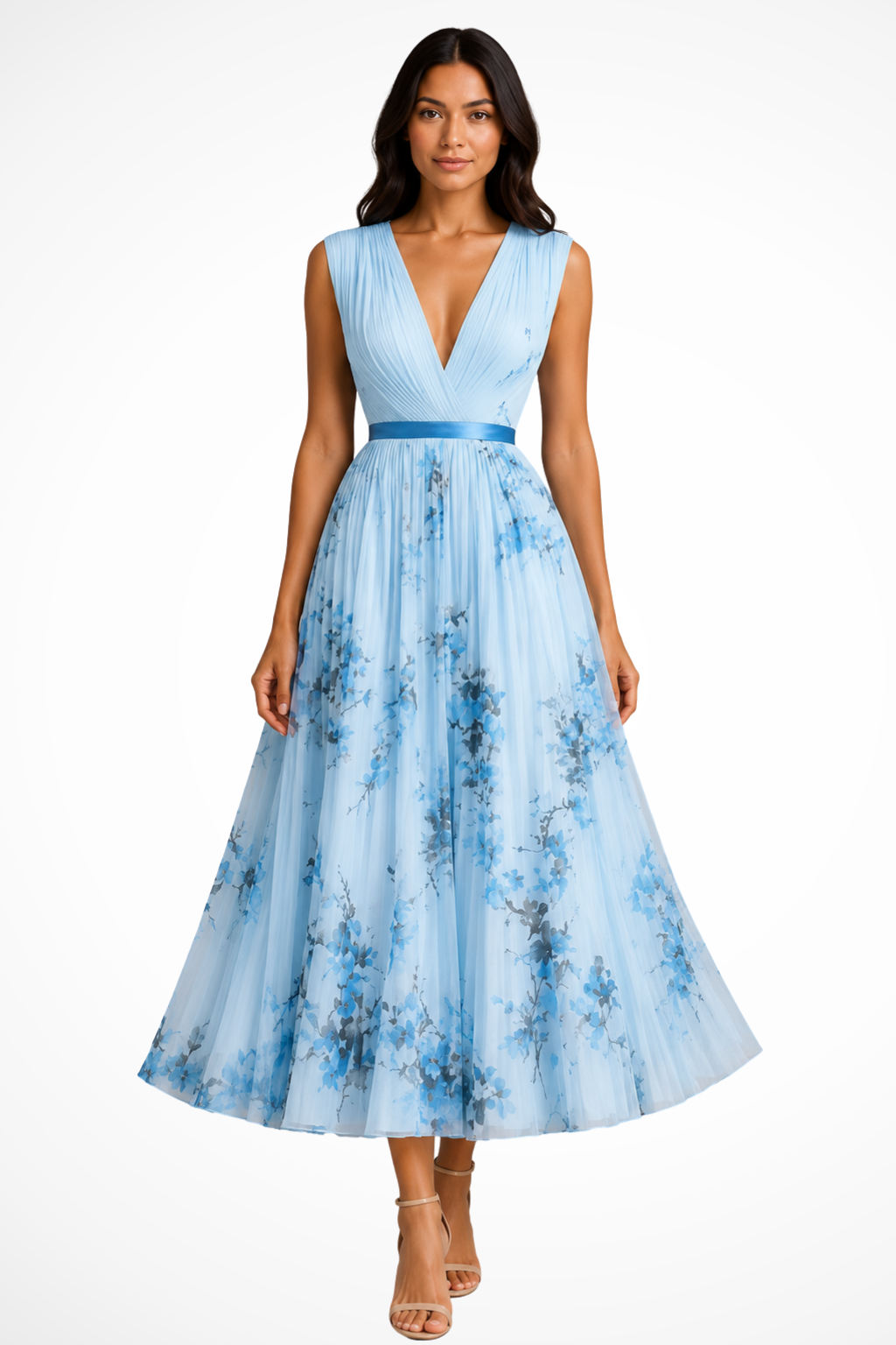 Women V Neck Floral Pleated Wedding Guest Petite Midi Dress