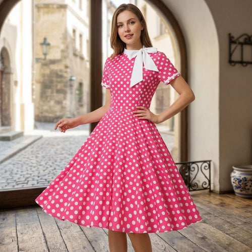 Women’s Midi Dress Polka Dot Tie Neck Short Sleeve Swing Gown