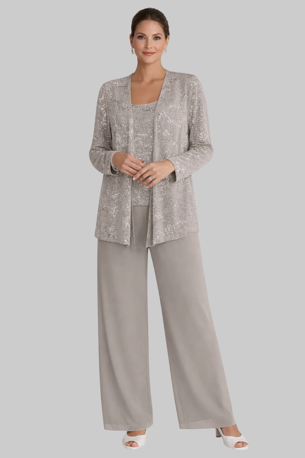 Women’s Three-Piece Pantsuit with Sequin Lace Jacket and Wide-Leg Trousers