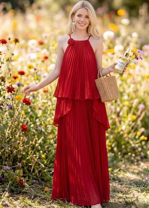 Women’s Two Piece Set with Pleated Chiffon Maxi Skirt and Ruffled Halter Top