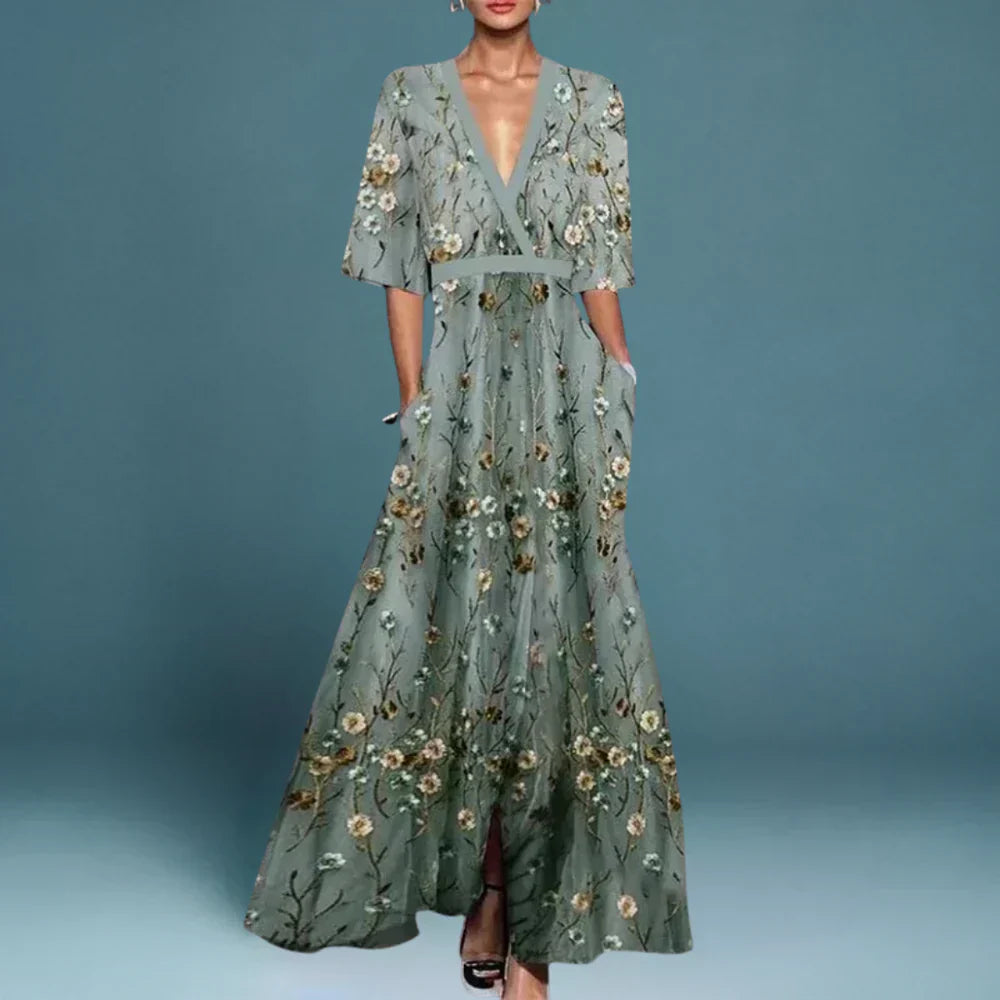 Women’s Maxi Dress with Deep V-Neckline and Artisanal Wildflower Print