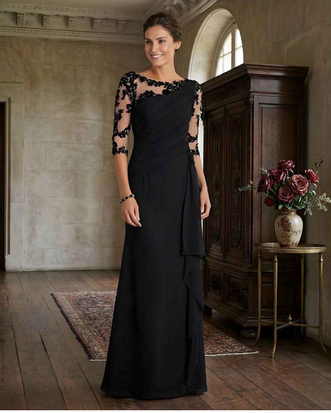 Women's Lace Illusion Evening Gown with Cascading Ruffle Detail