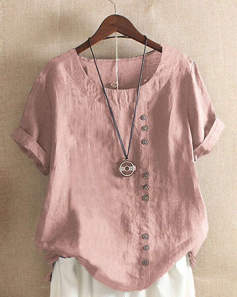 Women’s Casual Top with Crew Neckline and Asymmetric Button Front