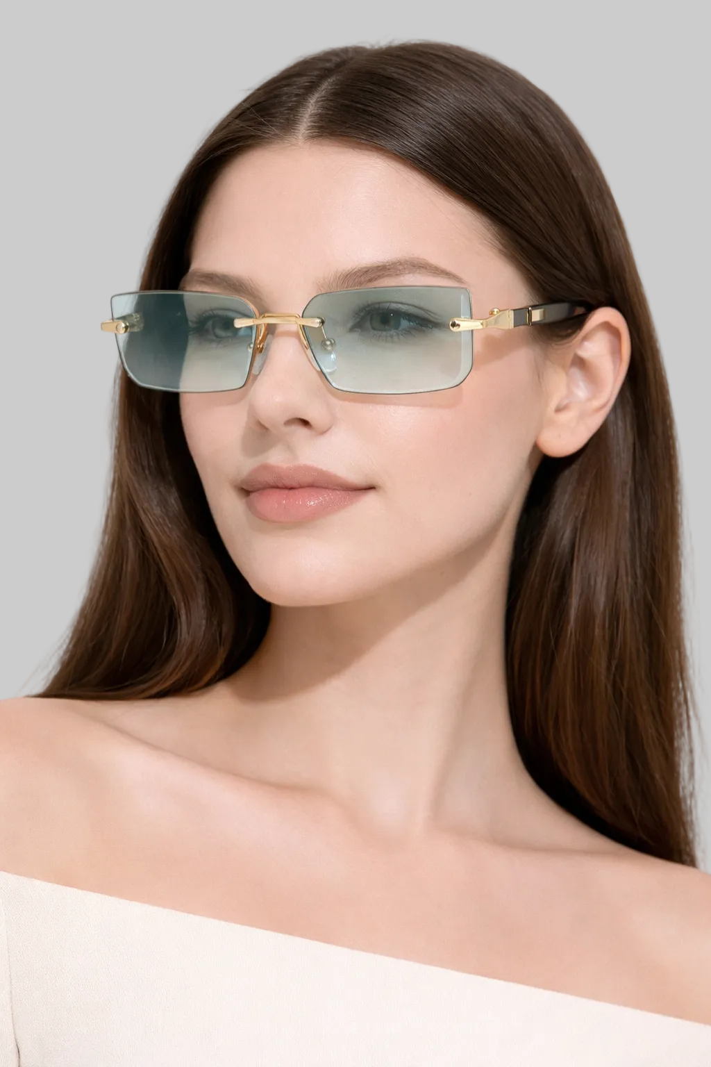 Women’s Sunglasses with Rimless Rectangle Lenses and Gold Hardware