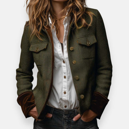 Women's Herringbone Tweed Jacket With Leather Cuff Trim