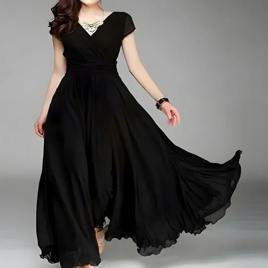 Women’s Maxi Dress V-Neck Short Sleeve Ruched Waist Chiffon Evening Gown