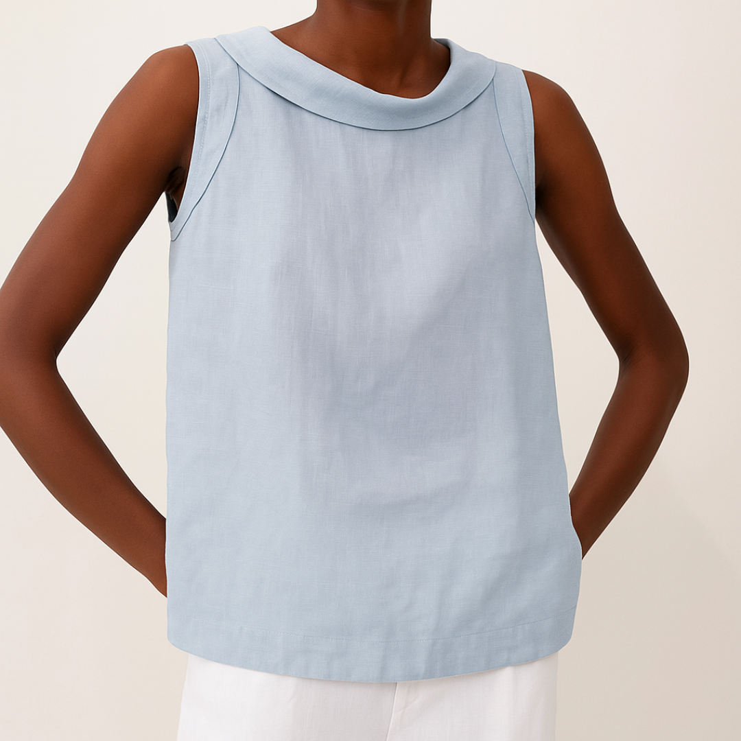 Women’s Sleeveless Linen Shell Top with Elegant Roll Collar and Minimalist Silhouette