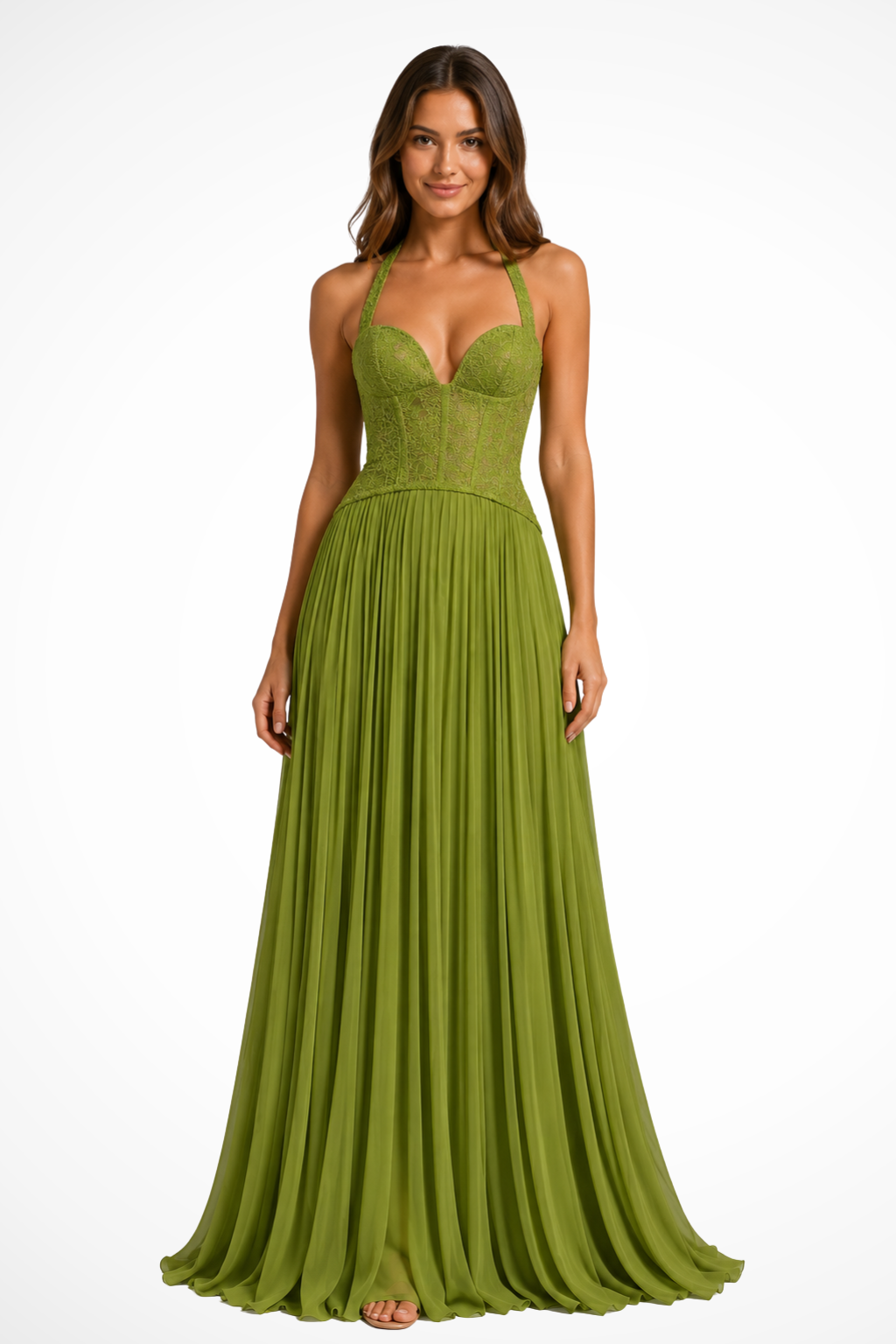 Women Halter Lace Corset Pleated Green Wedding Guest Maxi Dress