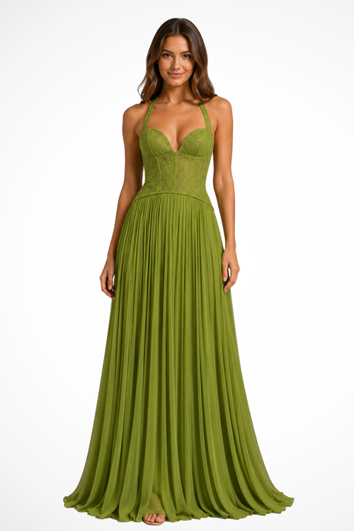 Women Halter Lace Corset Pleated Green Wedding Guest Maxi Dress
