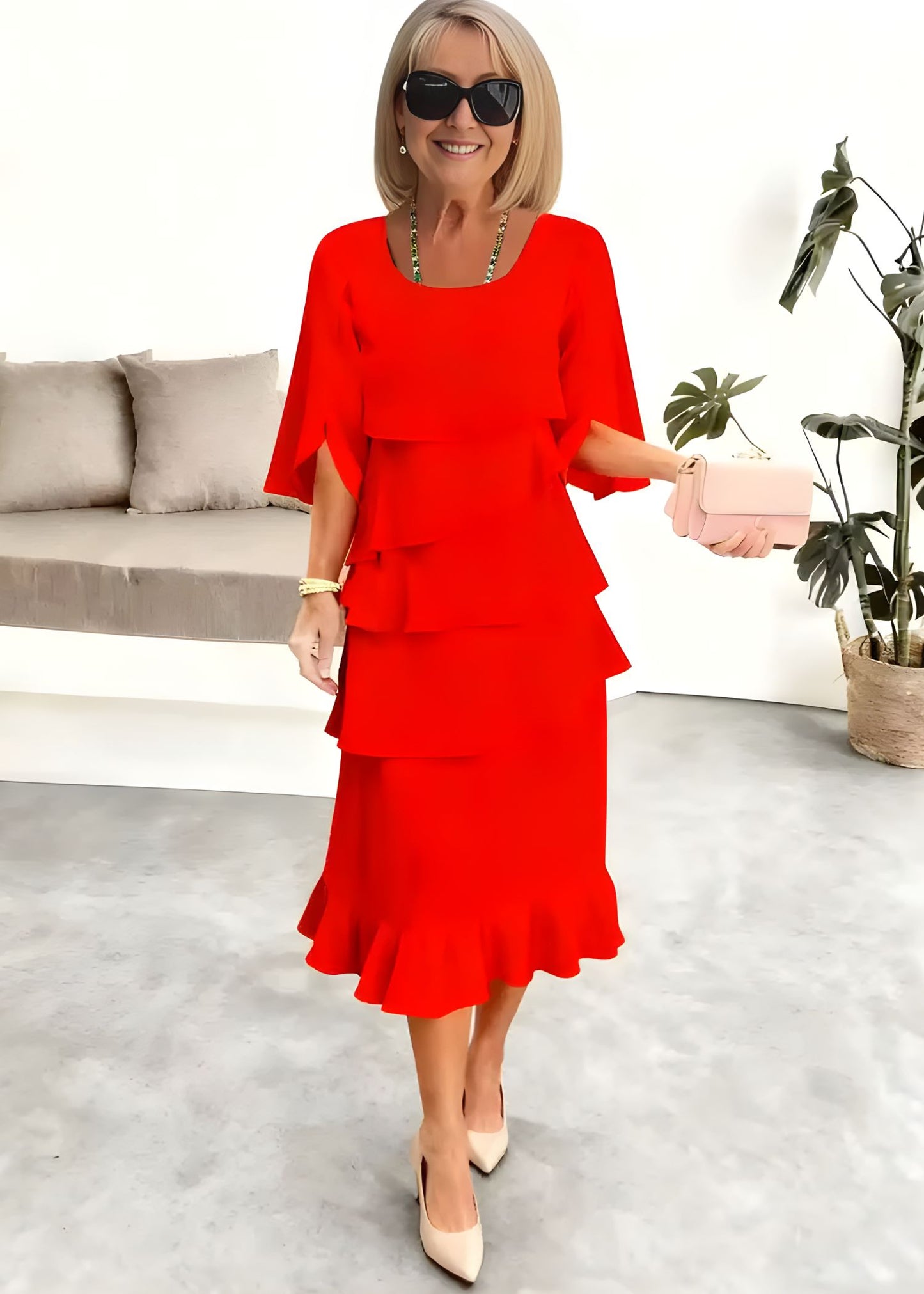 Women's Midi Dress Tiered Cascade Ruffles Flared Sleeves Round Neck
