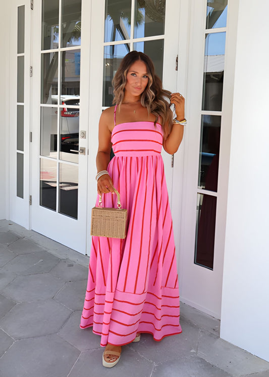 Women’s Striped Maxi Sun Dress with Spaghetti Straps and Empire Waist A-Line Skirt