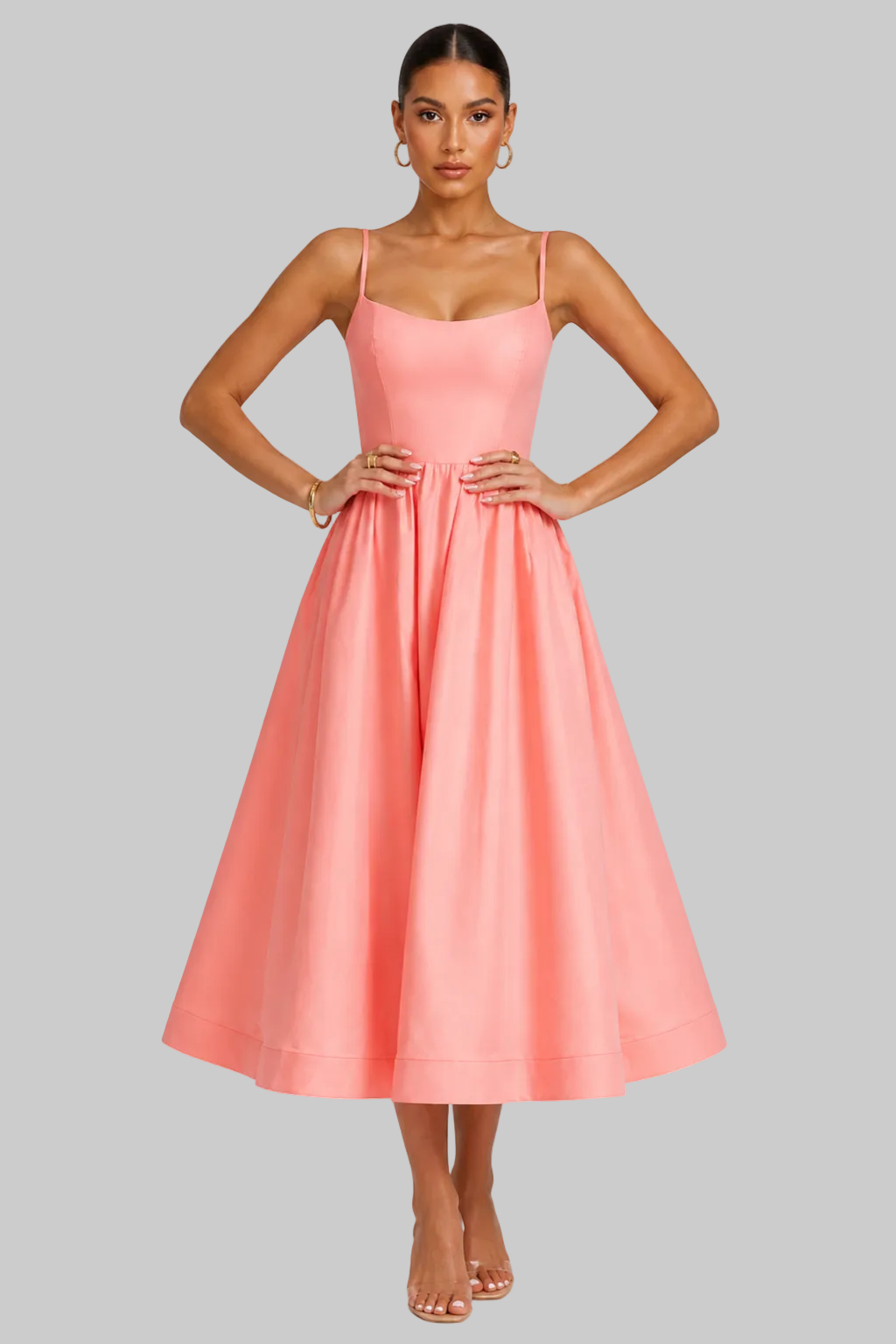 Women’s Midi Dress with Square Neckline and Flared Skirt
