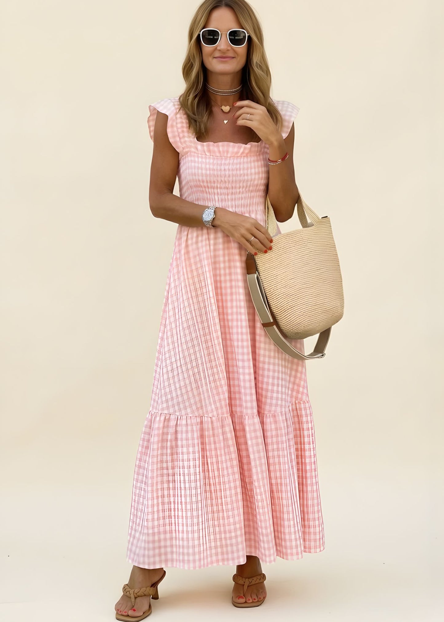 Women's Square Neck Maxi Dress with Smocked Bodice and Tiered A-Line Skirt