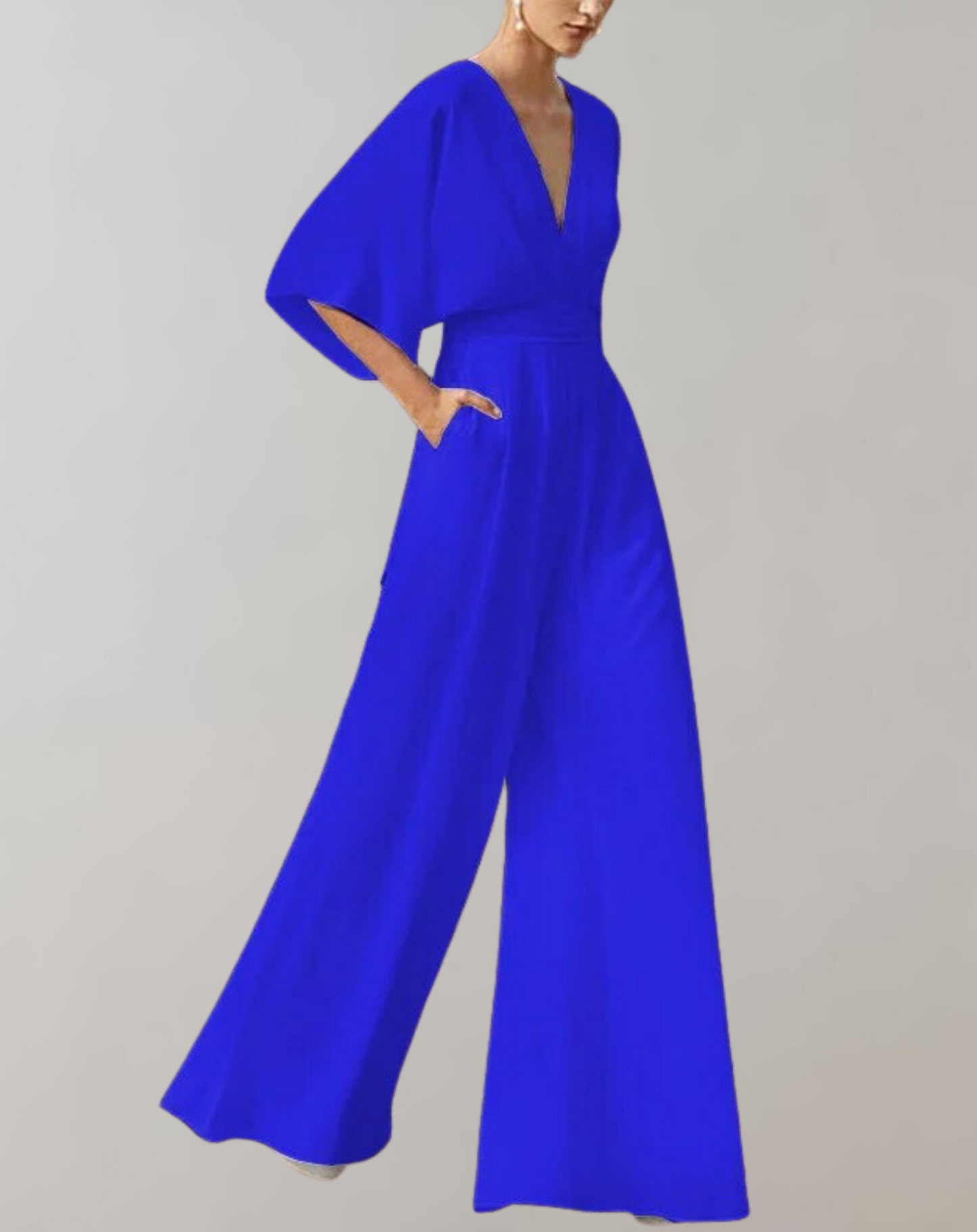 Women¡¯s Wide Leg Jumpsuit with Deep V-Neck and Flutter Kimono Sleeves