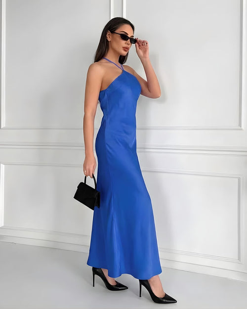 Women’s Halter Neck Satin Maxi Dress with Bias Cut Silhouette