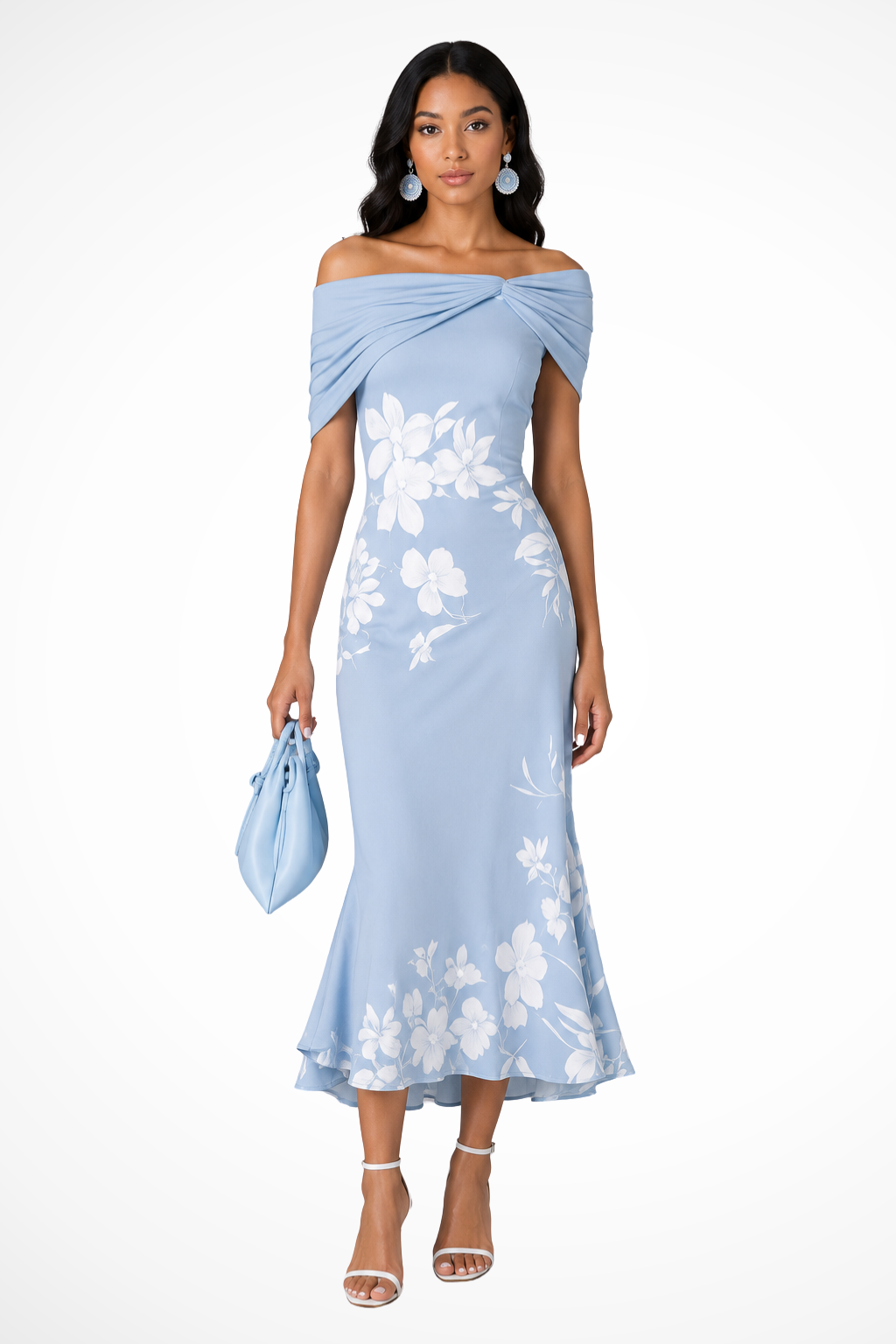 Women's Off Shoulder Floral Print Wedding Guest Midi Dress