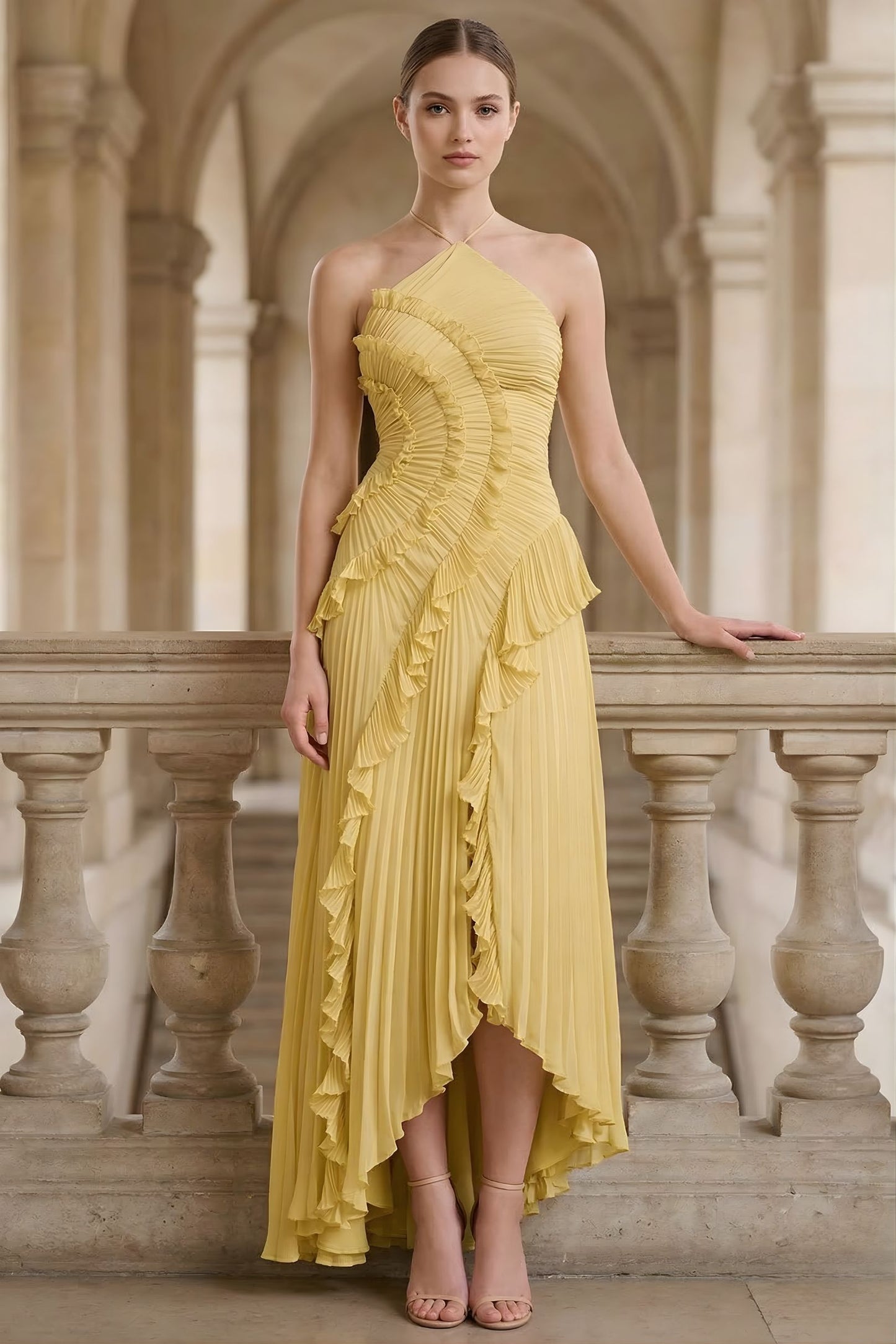 Women’s Pleated Halter Neck Ruffle Maxi Dress with Asymmetrical Hem