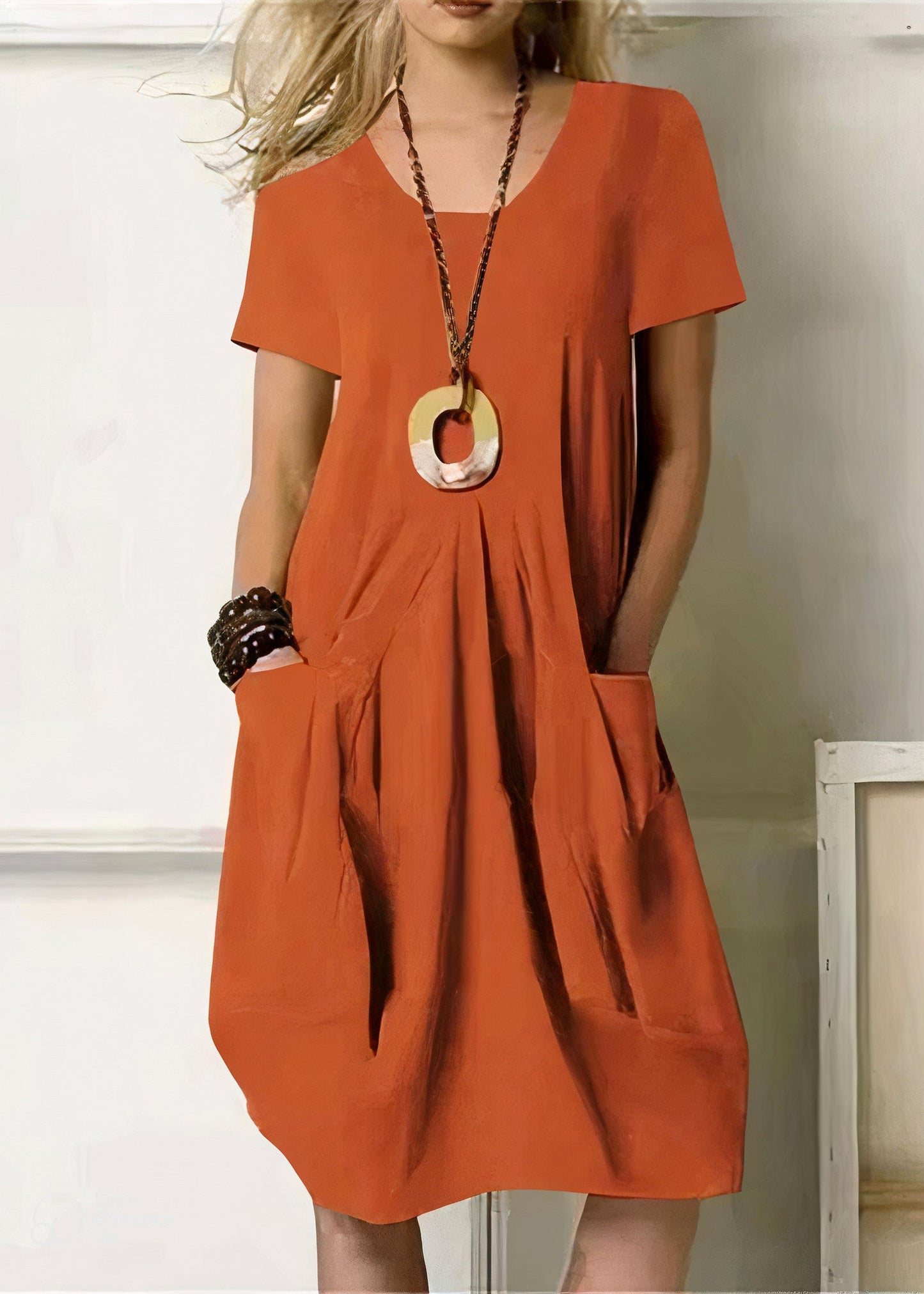 Women's Relaxed Fit Midi Dress with Short Sleeves and Functional Side Pockets