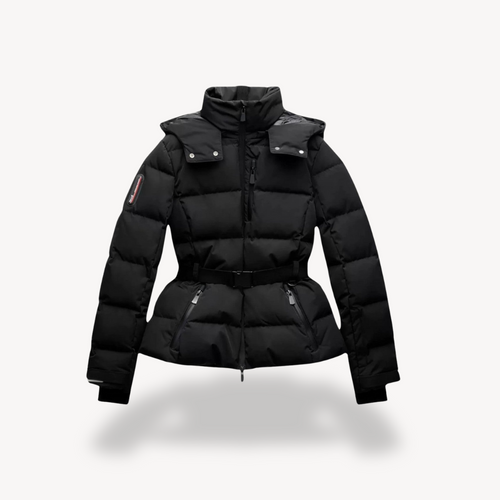 Women's Black Quilted Belted Puffer Jacket With High Collar