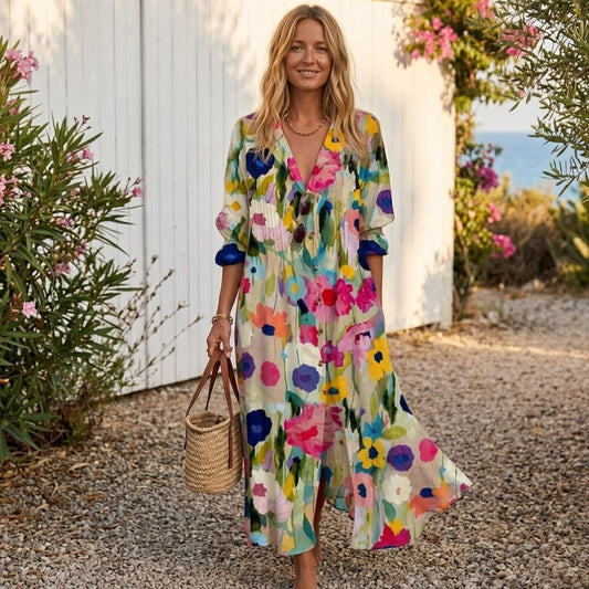 Women's Floral Maxi Dress with V-Neckline and Flowing A-Line Silhouette
