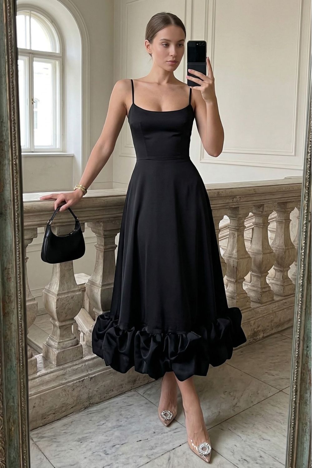 Women’s Flounce Hem Bustier Midi Dress with Tulle Ruffle Skirt