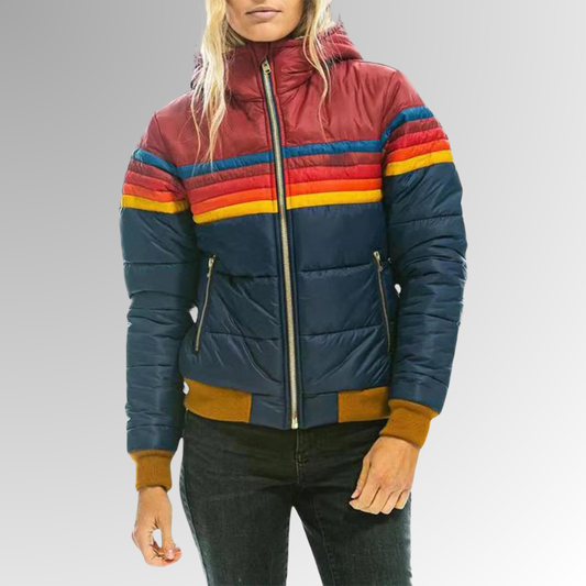 Women’s Blazer jackets Alternative with Retro Rainbow Stripe and Hooded Puffer Design