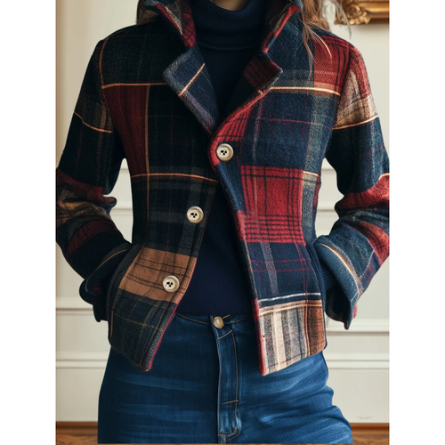 Women's Cropped Plaid Wool Coat With Statement Buttons