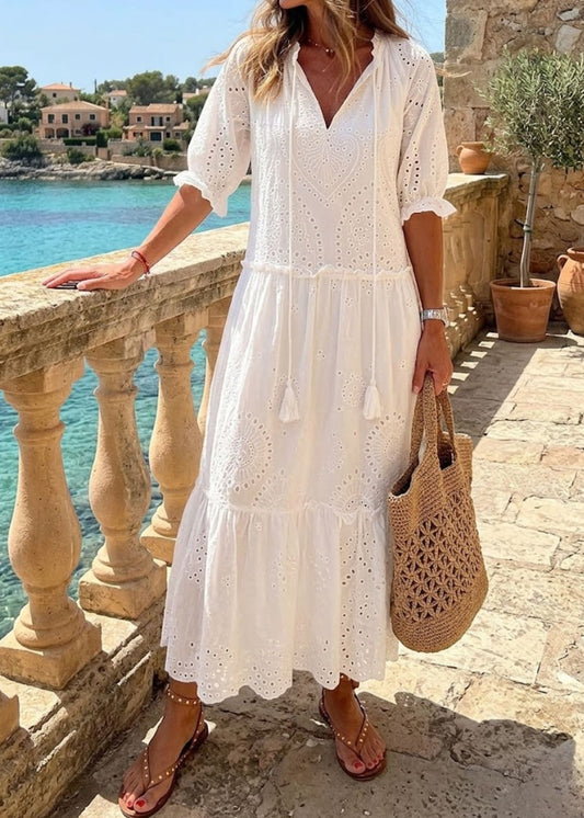 Women’s Eyelet Embroidery Tiered Maxi Dress with Tassel V-Neck